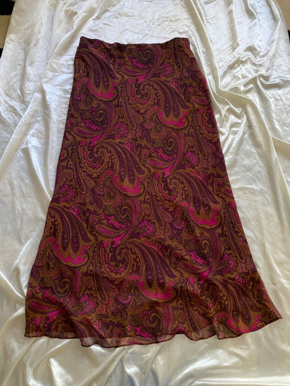 Vintage y2k Brown Pink Paisley Chiffon Maxi Skirt Boho XL